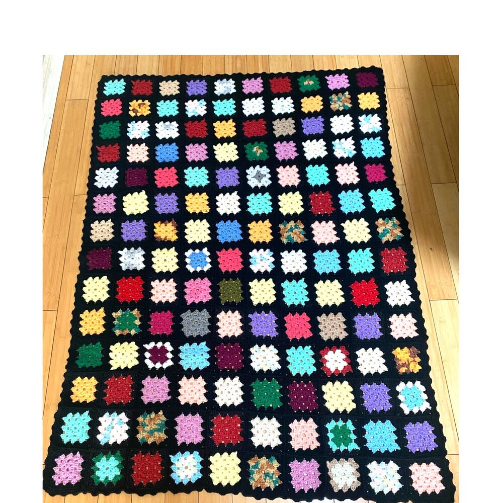 Vintage Granny Core Square Crochet Blanket Black 62"x46" Cottage Core Afghan